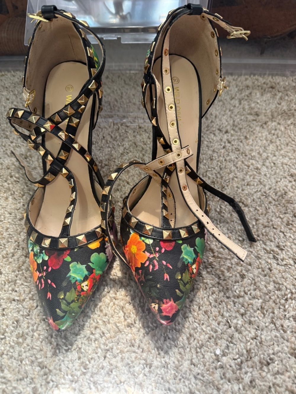 Floral Studded Pointed-Toe Ankle Strap Pumps - Black Floral